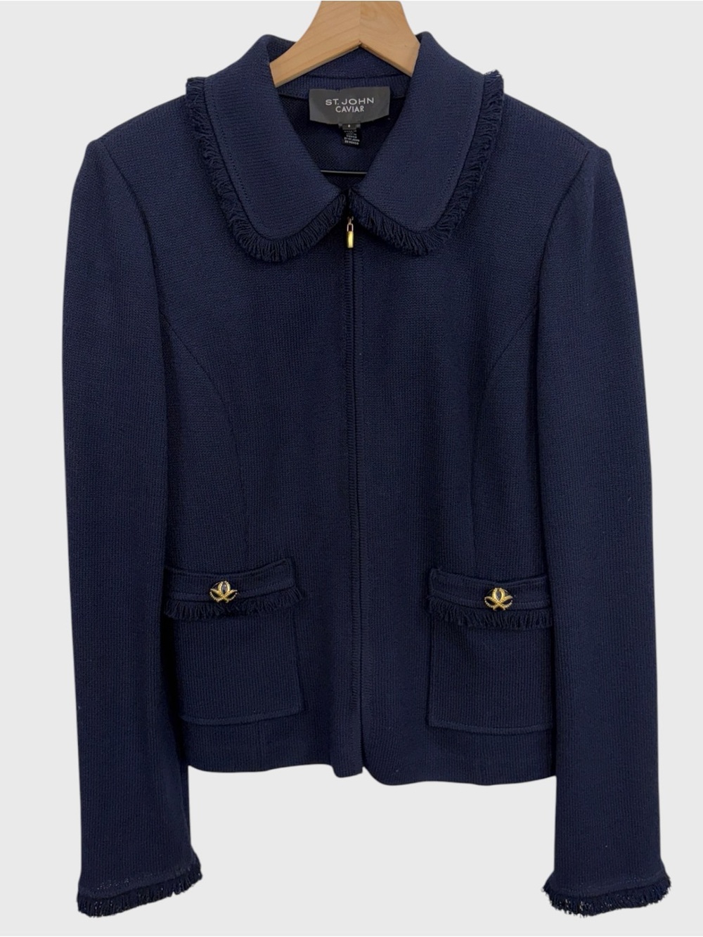 St. John Caviar Navy Santana Knit Jacket with Fringe Trim Size 8